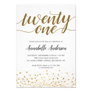 21st Birthday Modern Gold Confetti Dots Script Invitation