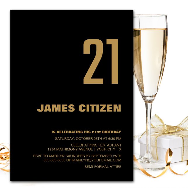 21st Birthday Modern Minimalist Black Gold Party Invitation (Creator Uploaded)