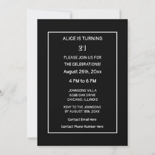 21st Birthday Modern Minimalist Black White Custom Invitation