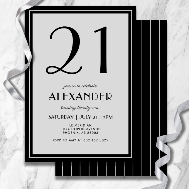 21st Birthday Modern Minimalist Mens Black Grey Invitation (Modern black and light gray design—minimal, bold, and effortlessly stylish for 21.)