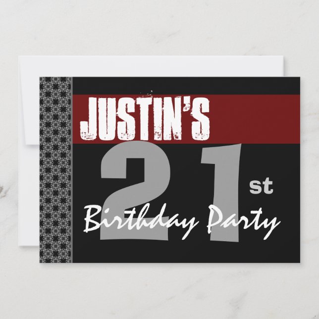 21st Birthday Modern Red Black Silver W1703 Invitation (Front)