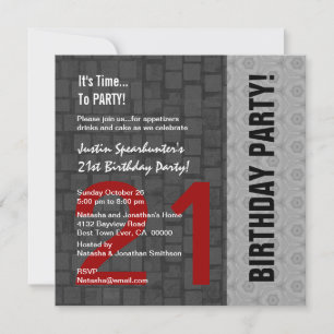 21st Birthday Modern Red Silver Black D416 Invitation
