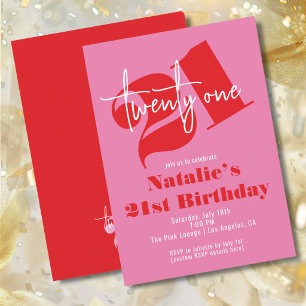 21st Birthday Modern Retro Pink Red Typography Invitation