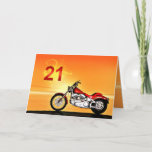 21st birthday Motorcycle sunset Card<br><div class="desc">A motorbike similar to a Harley standing by the sea with a glorious orange sunset. A great card for anybody who likes biking and motorcycles.See the whole range of cards for ages and relationships in my store. All artwork copyright Norma Cornes</div>