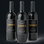21st Birthday Name 2004 Black Gold Elegant Chic Wine Label<br><div class="desc">2004 Vintage 21st Birthday Black & Gold Elegant Wine Label. Celebrate your milestone with our exclusive birthday wine label. The meticulously designed label with stunning black and gold hues effortlessly enhances the visual appeal of your favourite wine. The year prominently featured on the label, adds a nostalgic throwback to the...</div>