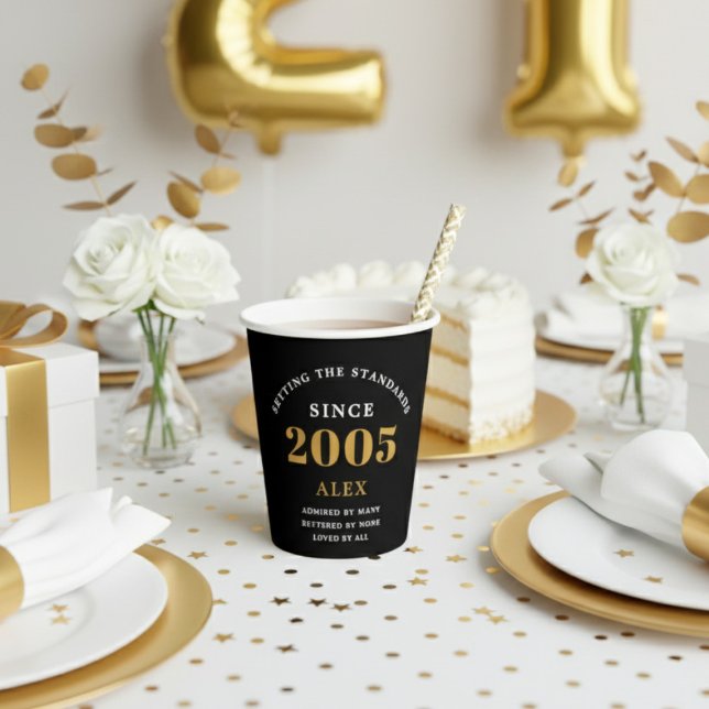 21st Birthday Name 2005 Black Gold Elegant Chic Paper Cups (2005 paper cup. White and gold background.)