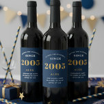 21st Birthday Name 2005 Blue Gold Elegant Chic Wine Label<br><div class="desc">2005 Vintage 21st Birthday Blue & Gold Elegant Wine Label. Celebrate your milestone with our exclusive 2005 Vintage 21st birthday wine label. The meticulously designed label with stunning blue and gold hues effortlessly enhances the visual appeal of your favourite wine. The year 2005, prominently featured on the label, adds a...</div>