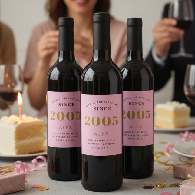21st Birthday Name 2005 Pink Gold Elegant Chic Wine Label (21st birthday wine bottle labels on red wine bottles.)