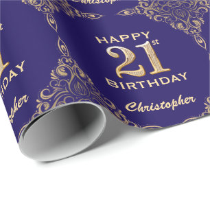 21st Birthday Navy Blue and Gold Glitter Frame Wrapping Paper