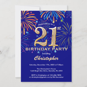 21st Birthday Navy Blue and Gold Rainbow Fireworks Invitation