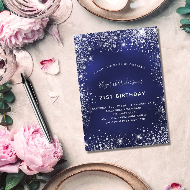21st birthday navy blue silver glitter glamourous invitation (Creator Uploaded)