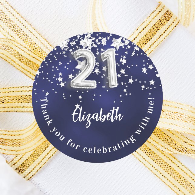 21st birthday navy blue silver stars classic round sticker (Creator Uploaded)