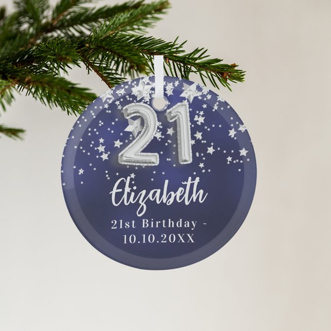 21st birthday navy blue silver stars glass tree decoration (Creator Uploaded)