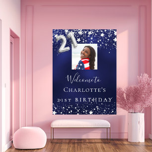 21st birthday navy blue silver stars photo welcome poster