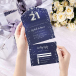21st Birthday navy blue silver stars rsvp All In One Invitation<br><div class="desc">A navy blue background,  decorated with stars. The blue colour is uneven.  Personalise and add names,  party details,  RSVP date,  return address and name.  Number 21 is written with a balloon style font.</div>