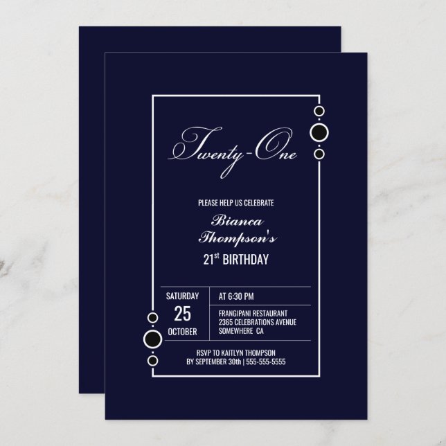 21st Birthday Navy Blue with White Frame Party Invitation (Front/Back)