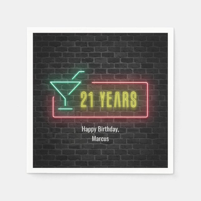 21st birthday Neon Sign on brick wall Napkin (Front)
