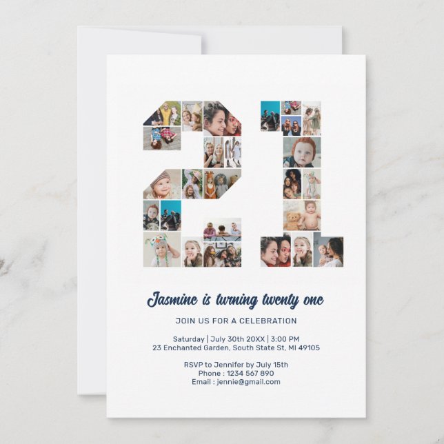 21st Birthday Number 21 Custom Photo Collage Invitation (Front)