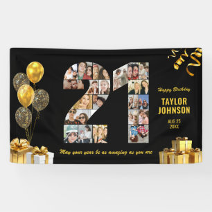 21st Birthday Number 21 Photo Collage Black Gold Banner