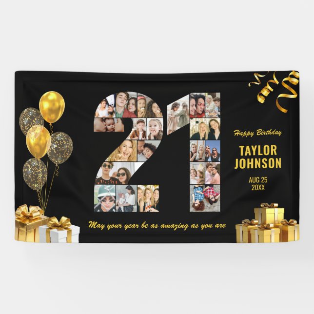 21st Birthday Number 21 Photo Collage Black Gold Banner (Horizontal)