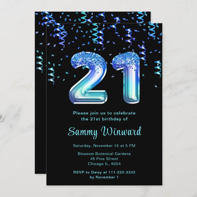 21st Birthday Ocean Balloons with Confetti Invitation (Front/Back)