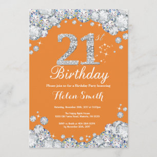 21st Birthday Orange and Silver Diamond Invitation