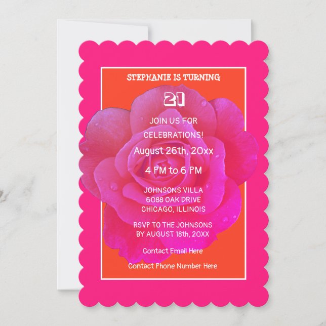 21st Birthday Orange Pink Rose Floral Elegant Cute Invitation (Front)