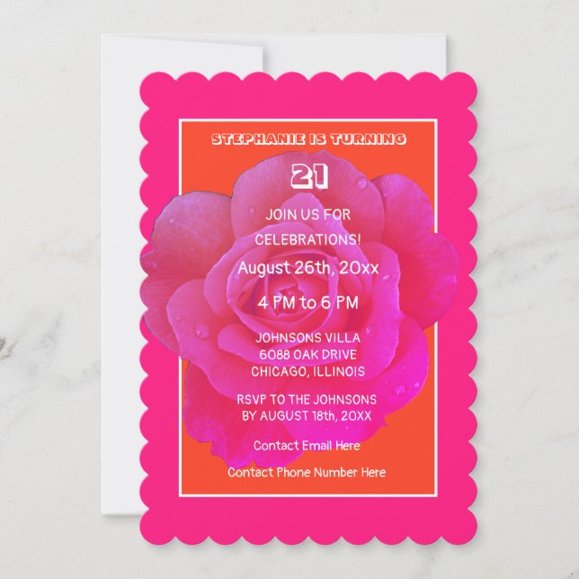 21st Birthday Orange Pink Rose Floral Modern Cool Invitation (Front)