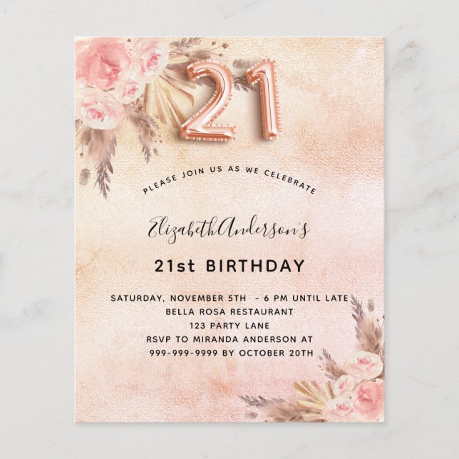 21st birthday pampas grass rose budget invitation flyer (Front)