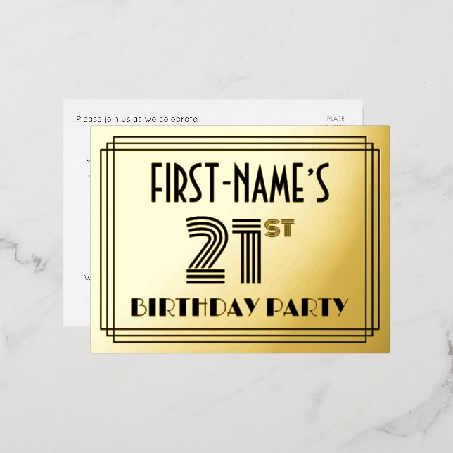 21st Birthday Party ~ Art Deco Style “21” + Name Foil Invitation Postcard (Front/Back)