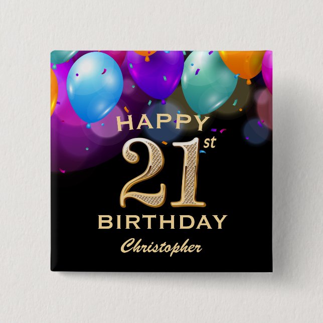 21st Birthday Party Black and Gold Balloons 15 Cm Square Badge (Front)