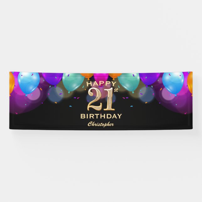 21st Birthday Party Black and Gold Balloons Banner (Horizontal)