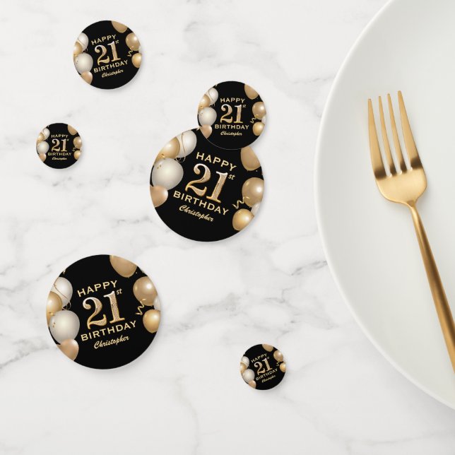 21st Birthday Party Black and Gold Balloons Confetti (Group)