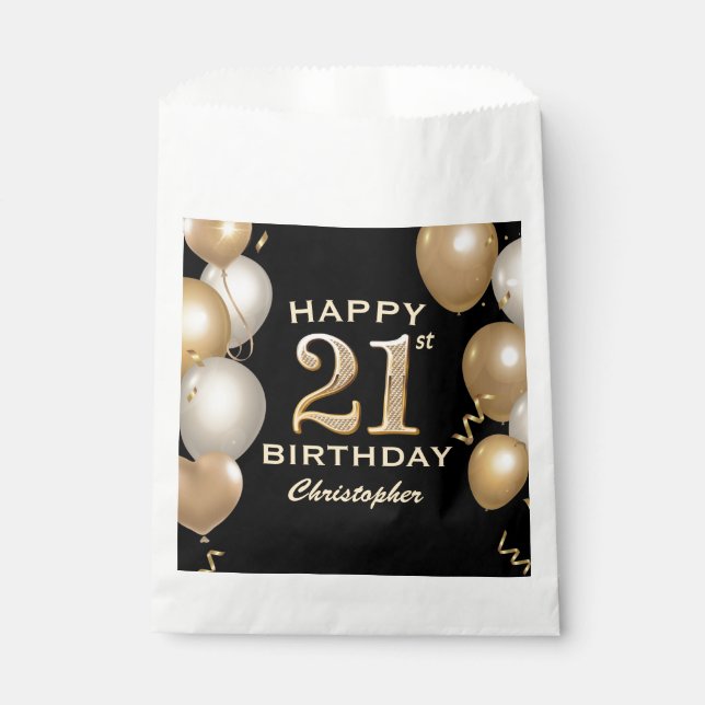 21st Birthday Party Black and Gold Balloons Favour Bag (Front)