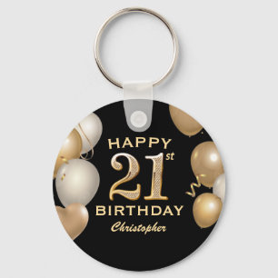 21st Birthday Party Black and Gold Balloons Key Ring