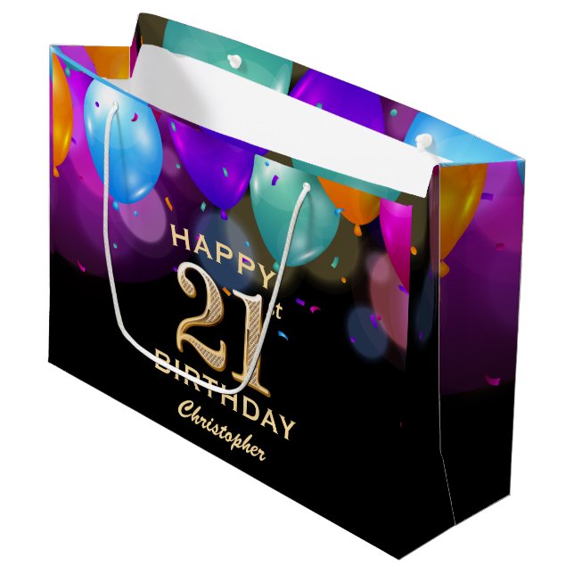 21st Birthday Party Black and Gold Balloons Large Gift Bag (Front Angled)