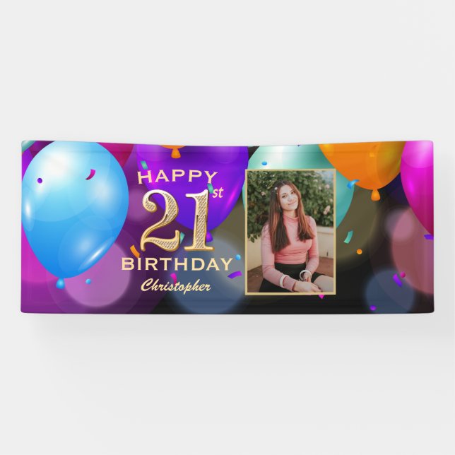 21st Birthday Party Black and Gold Balloons Photo Banner (Horizontal)