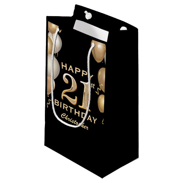 21st Birthday Party Black and Gold Balloons Small Gift Bag (Front Angled)