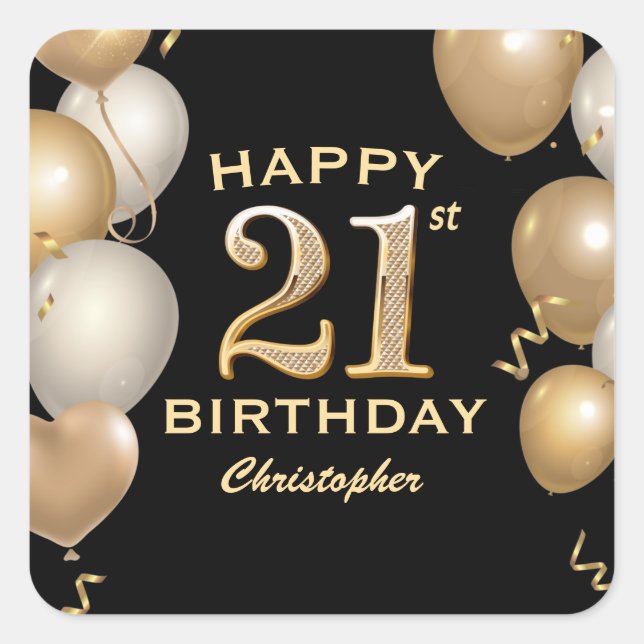 21st Birthday Party Black and Gold Balloons Square Sticker (Front)