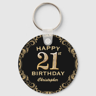 21st Birthday Party Black and Gold Glitter Frame Key Ring