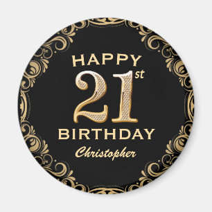 21st Birthday Party Black and Gold Glitter Frame Magnet
