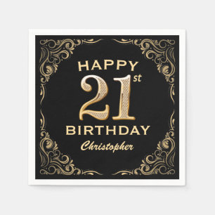 21st Birthday Party Black and Gold Glitter Frame Napkin