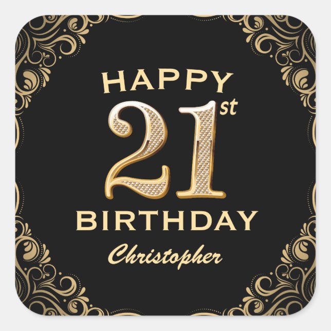21st Birthday Party Black and Gold Glitter Frame Square Sticker (Front)