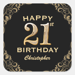 21st Birthday Party Black and Gold Glitter Frame Square Sticker