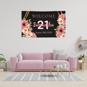 21st birthday party black blush pink florals  banner
