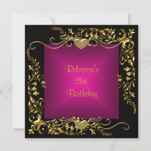 21st Birthday Party Black Bright Deep Pink Gold Invitation