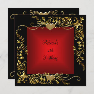 21st Birthday Party Black Bright Deep Red Gold Invitation