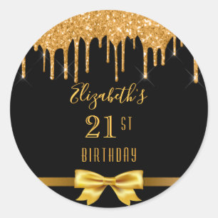 21st birthday party black gold glitter drip name classic round sticker