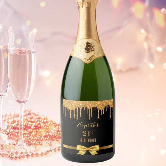 21st birthday party black gold glitter drip name sparkling wine label (Creator Uploaded)