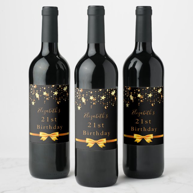 21st birthday party black gold stars wine label (Bottles)